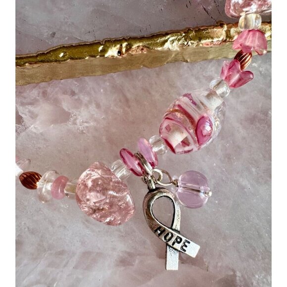 New Handmade Pink Beaded Breast Cancer Awareness Bracelet w/ Hope Charm - 7.5” - Picture 4 of 8